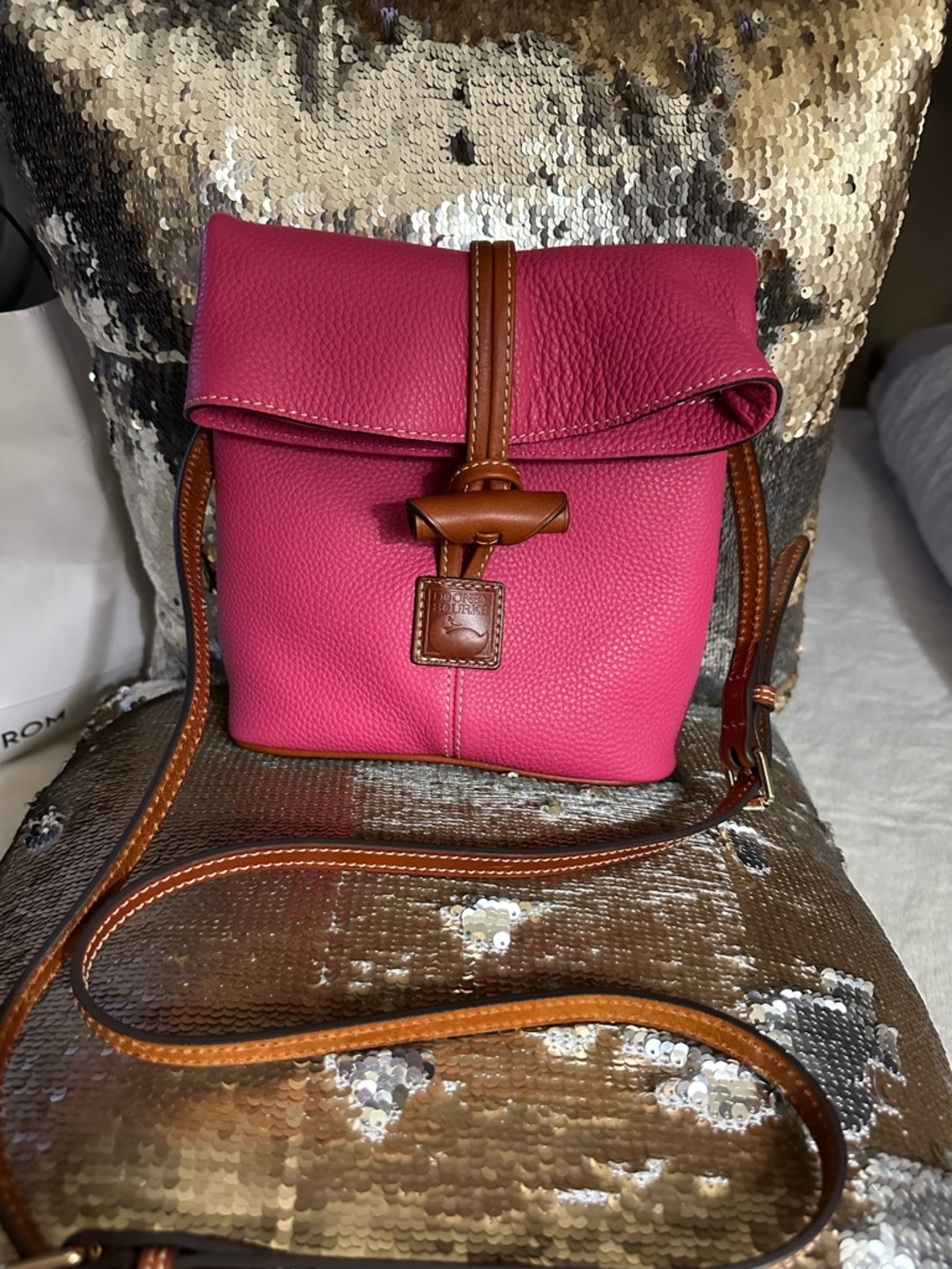 Dooney & Bourke Fuchsia Pebbled Leather Crossbody with Brown Trim